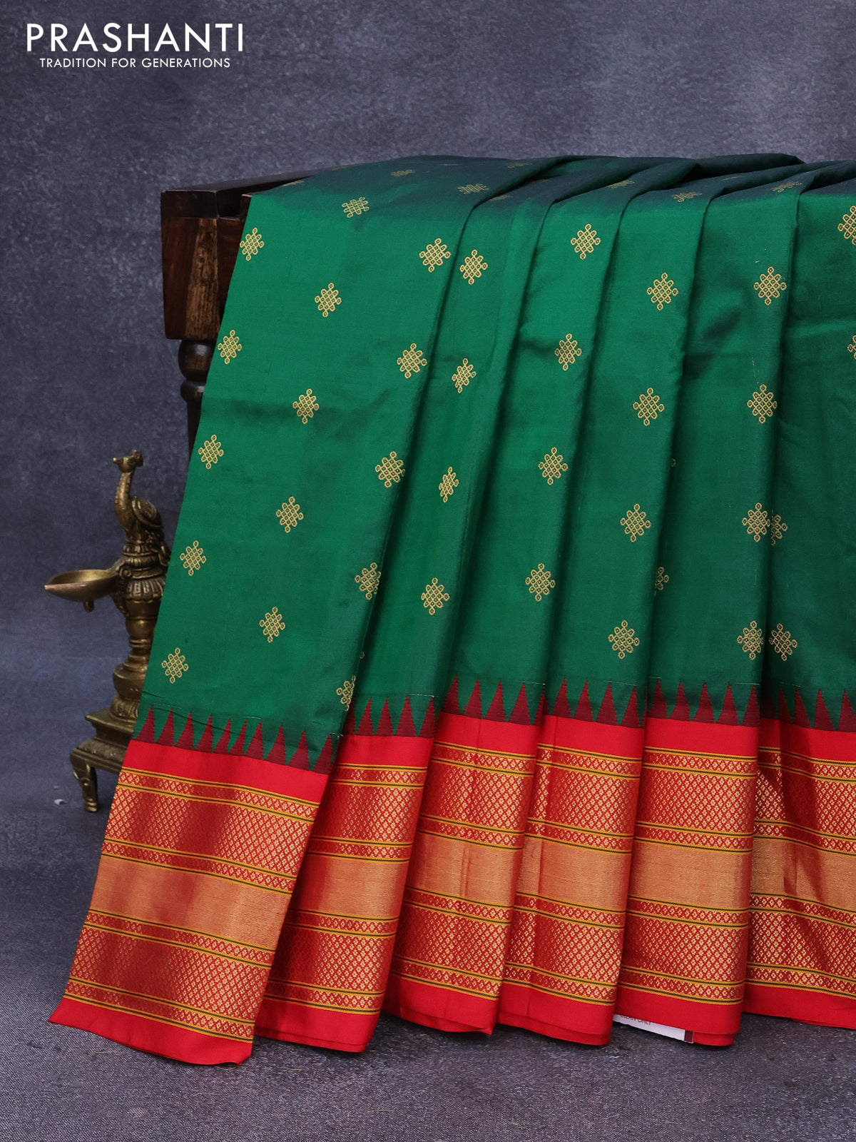 Pure paithani silk saree green and red with zari woven buttas and zari woven border & paithani design pallu