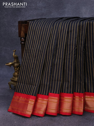 Pure paithani silk saree black and red with allover zari woven stripes pattern and rich zari border & paithani pallu