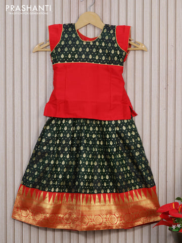 Banarasi kids lehenga red and dark bottle green with patch work neck pattern and zari woven buttas & zari border for 3 years