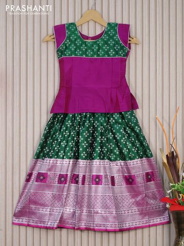 Banarasi kids lehenga purple and green with patch work neck pattern and floral silver zari weaves & long silver zari border for 6 years