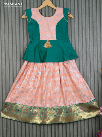 Banarasi kids lehenga teal green and mild peach orange with patch work neck pattern and floral silver zari weaves & zari border for 6 years