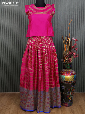 Banarasi kids lehenga pink and blue with patch work neck pattern and zari woven buttas & long zari border for 11 years