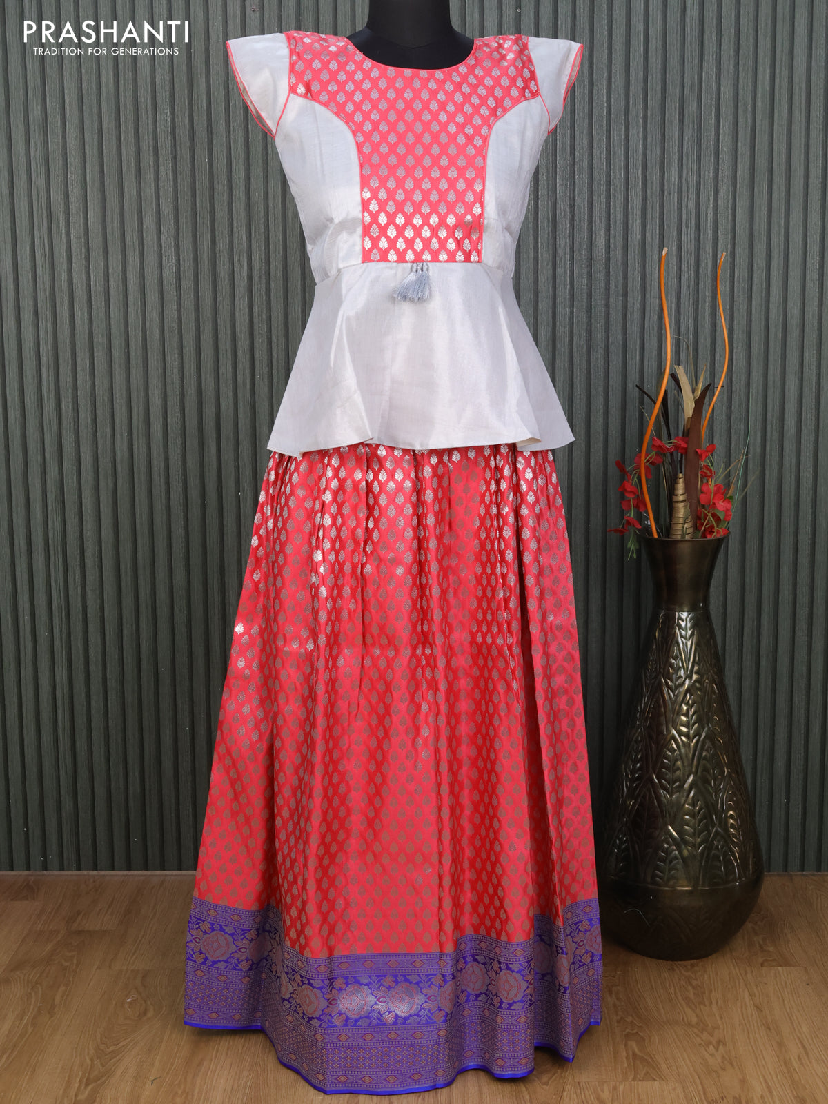 Banarasi kids lehenga off white and pink with patch work neck pattern and silver zari woven buttas & long zari woven border for 13 years