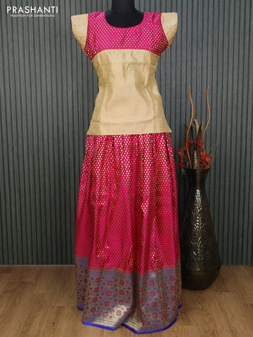 Banarasi kids lehenga sandal and pink blue with patch work neck pattern and silver zari woven butta weaves & long zari border for 16 years