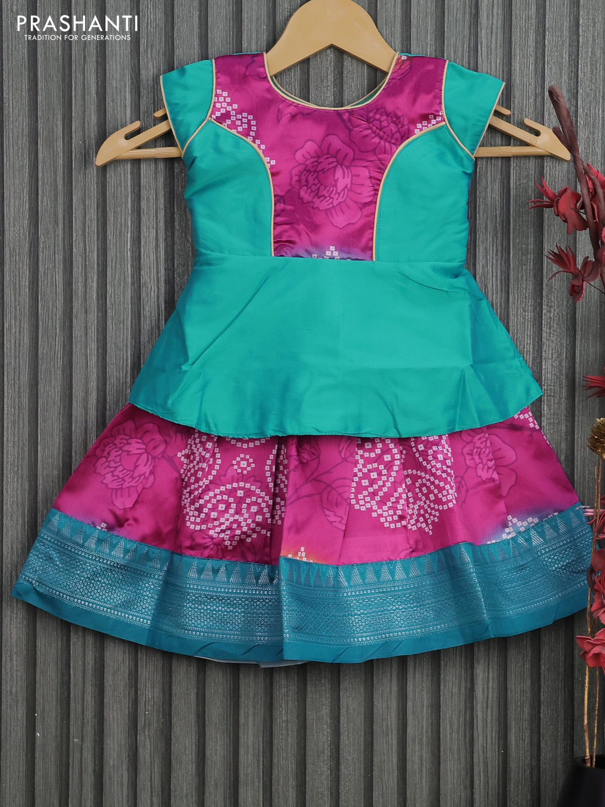 Banarasi kids lehenga teal blue and magenta pink with patch work neck pattern and bandhani prints & zari border for 0-6 months