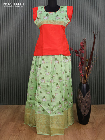 Banarasi kids lehenga orange and pista green with patch work neck pattern and pichwai prints & banarasi style border for 16 years