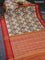 Pochampally tissue silk saree cream brown and kumkum red with allover ikat weaves and zari woven border