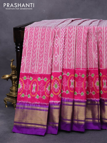 Pochampally silk saree pink shade and violet with allover ikat weaves and zari woven border