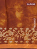 Muslin cotton saree dark mustard and brown with tie & dye batik prints and small zari woven border