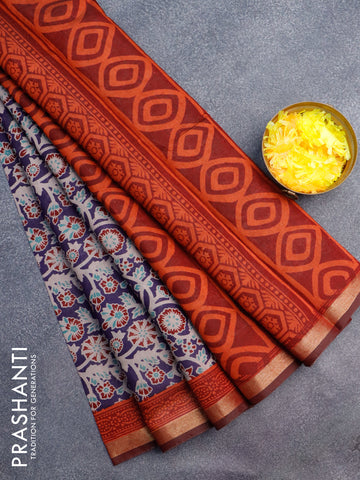 Muslin cotton saree dark blue and maroon with allover floral prints and small zari woven border