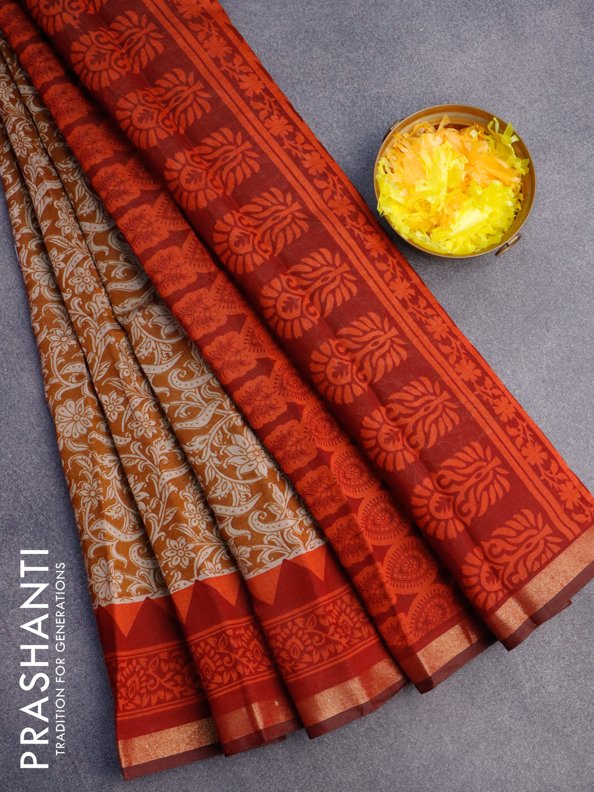 Muslin cotton saree dark mustard and maroon with allover floral prints and small zari woven border