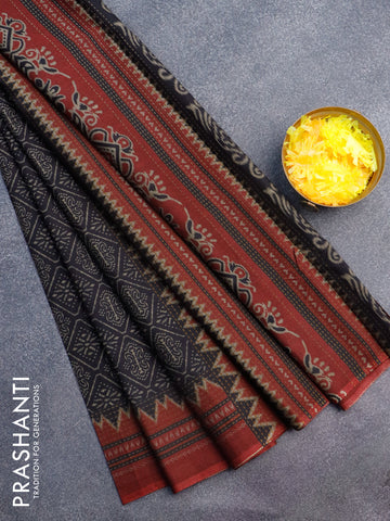 Muslin cotton saree black and maroon with allover ikat prints and simple border