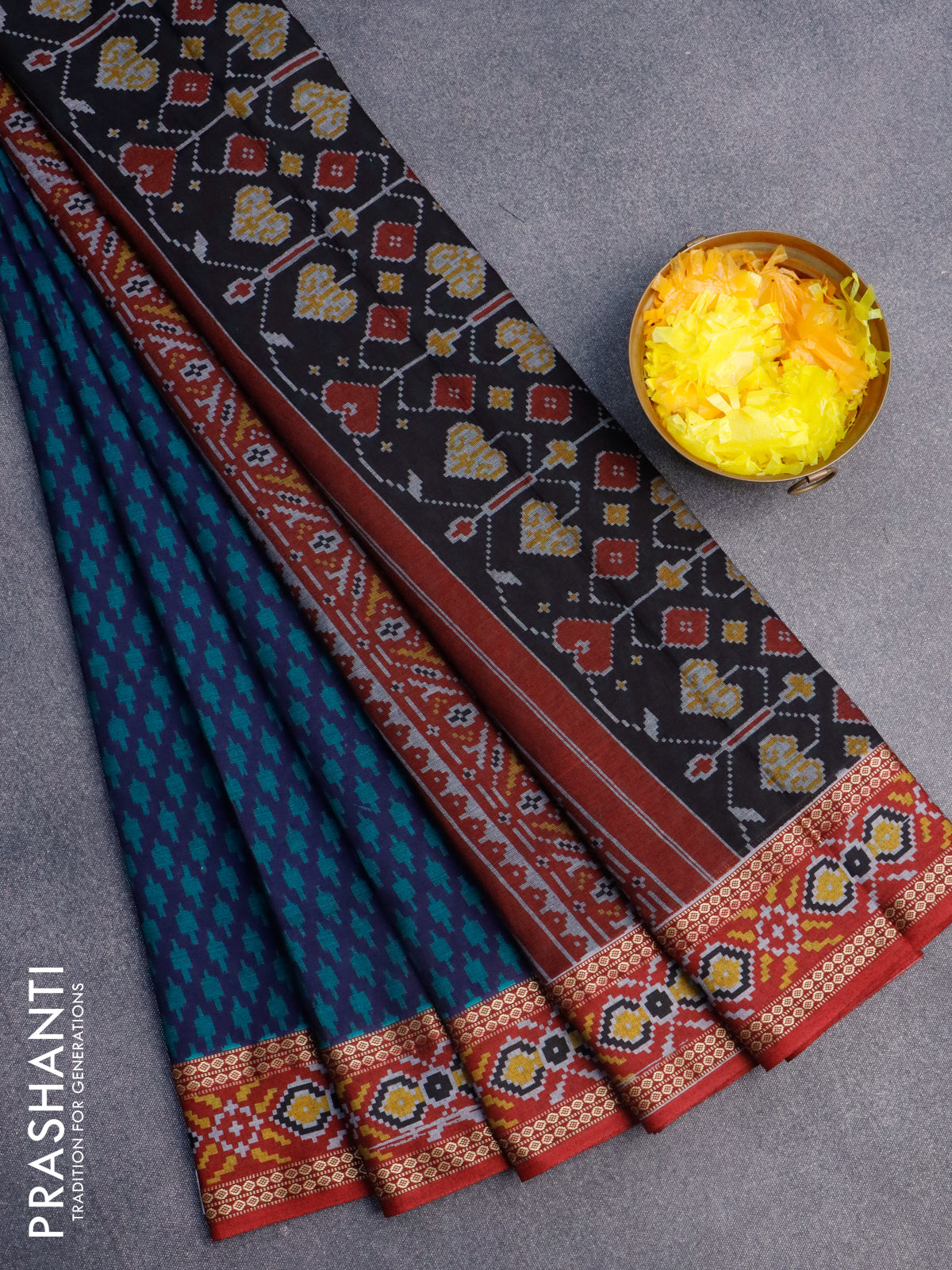 Muslin cotton saree dark blue teal green and maroon with allover butta prints and patola printed border
