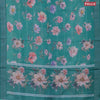Linen cotton saree teal green shade with allover floral prints & sequin work and silver zari woven border