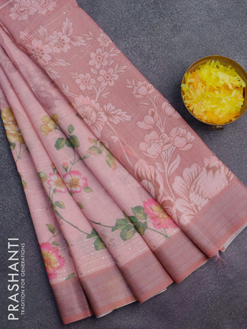 Linen cotton saree peach pink and pastel peach with allover floral prints & sequin work and silver zari woven border