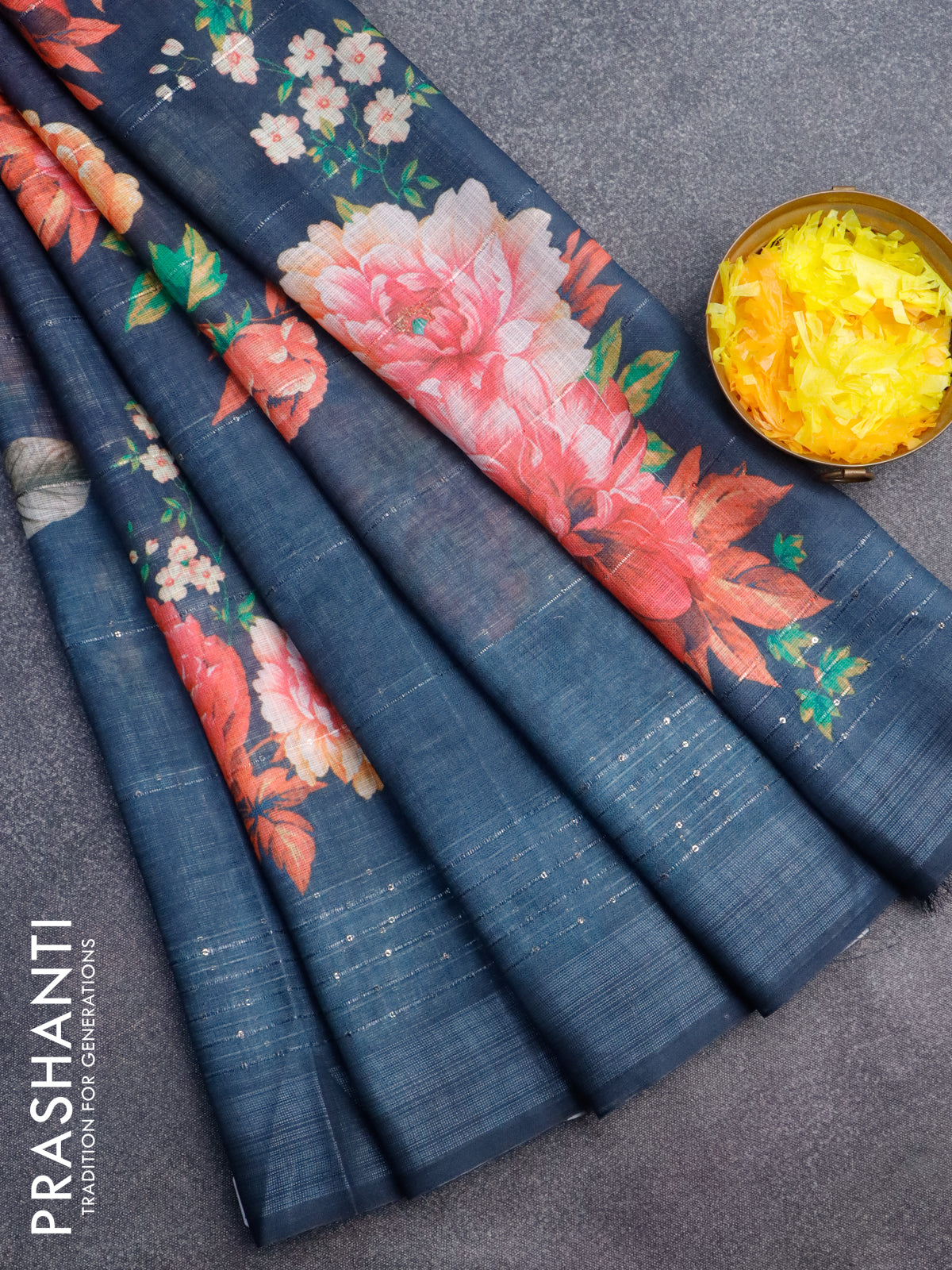 Linen cotton saree wine shade and dark peacock blue shade with allover floral prints & sequin work and silver zari woven border