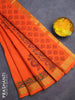 Silk cotton block printed saree orange with peacock butta prints and zari woven border