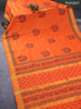 Silk cotton block printed saree orange with peacock butta prints and zari woven border