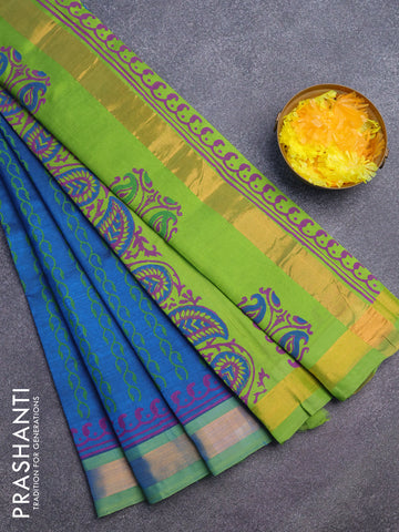 Silk cotton block printed saree peacock blue and light green with allover prints and zari woven border
