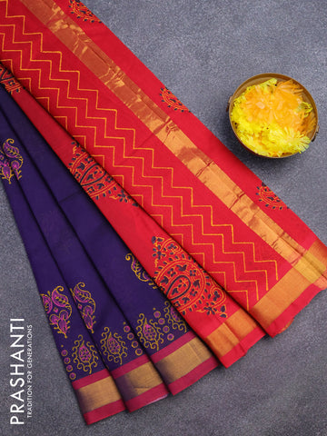 Silk cotton block printed saree dark blue and red with butta prints and zari woven border