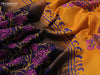 Silk cotton block printed saree navy blue and mustard yellow with allover prints and zari woven border