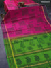 Silk cotton block printed saree pink and green with box type butta prints and zari woven simple border