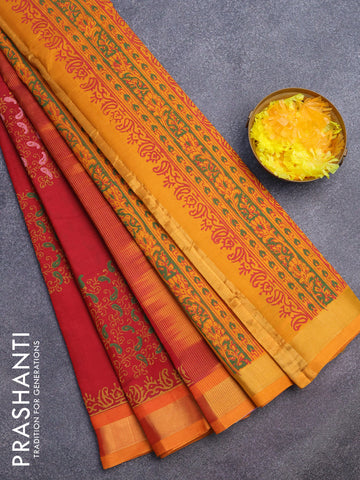 Silk cotton block printed saree maroon and mustard yellow with allover prints and zari woven border