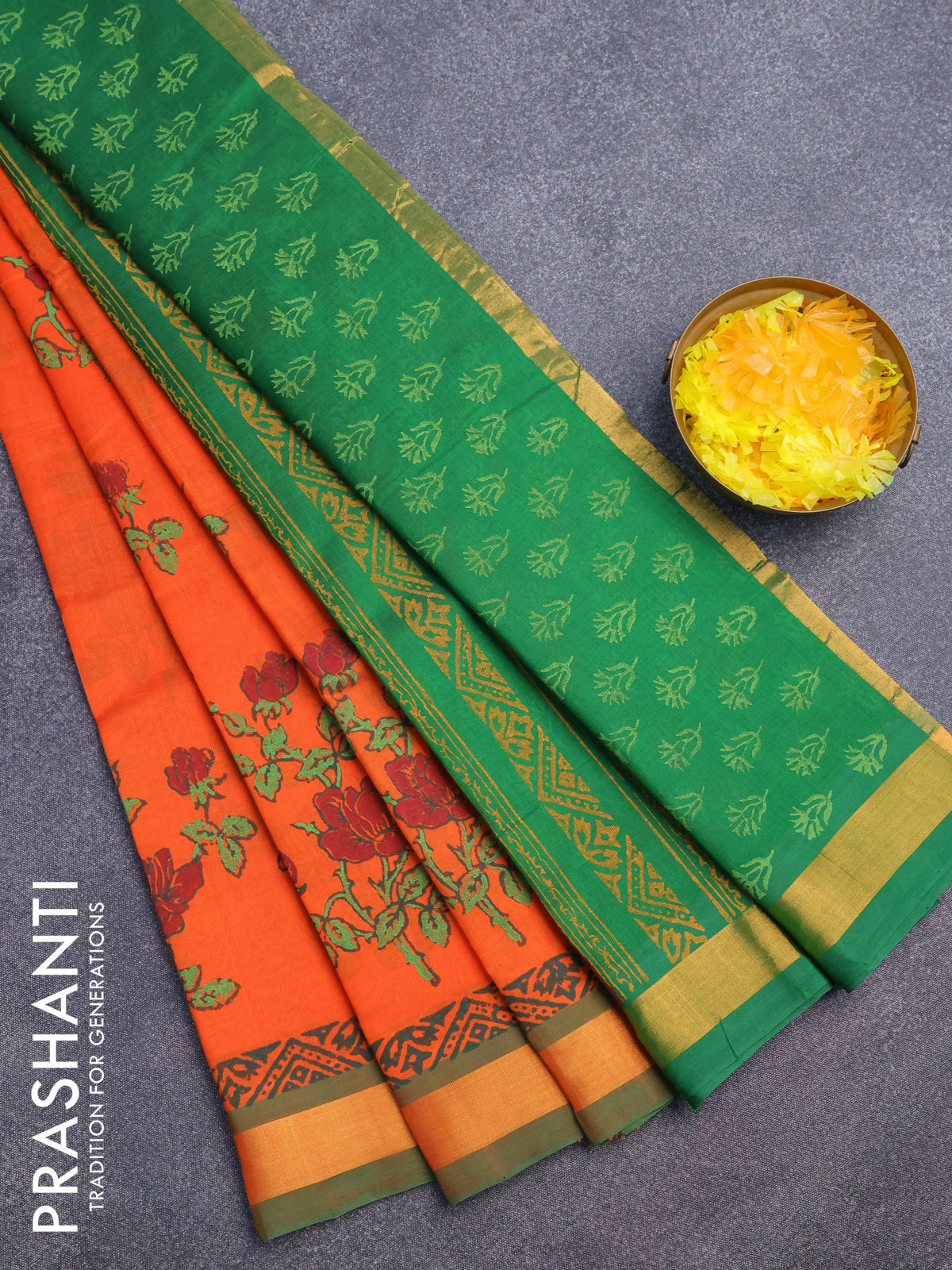 Silk cotton block printed saree orange and green with floarl butta prints and zari woven border
