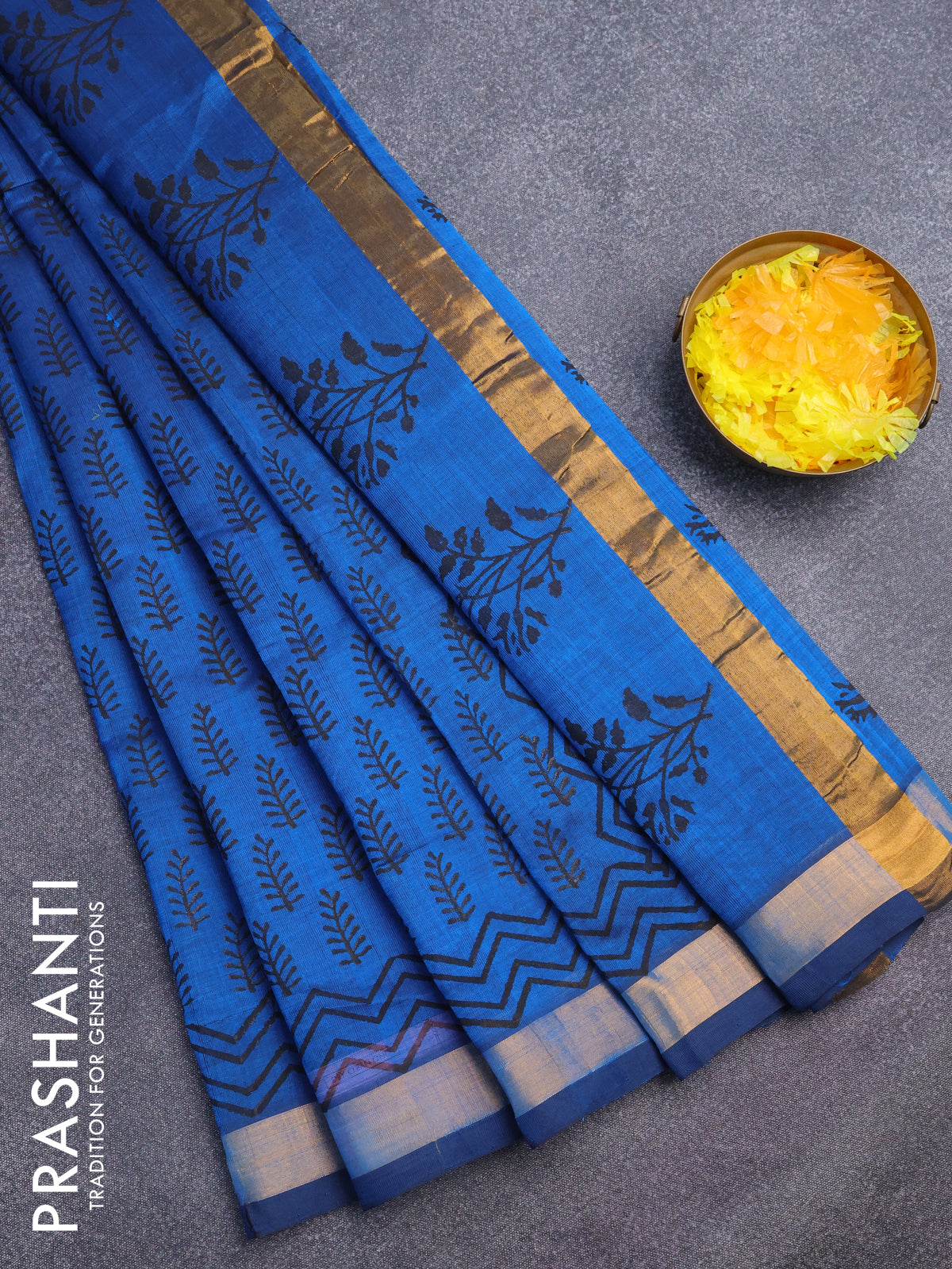 Silk cotton block printed saree cs blue with butta prints and zari woven border