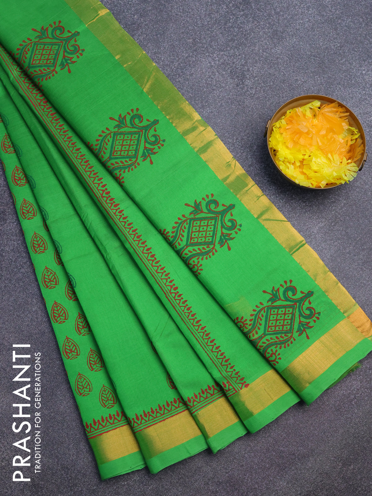Silk cotton block printed saree light green with butta prints and zari woven border