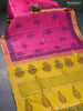 Silk cotton block printed saree pink and mustard yellow with butta prints and zari woven border