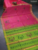 Silk cotton block printed saree pink and light green with warli butta prints and zari woven border