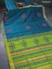 Silk cotton block printed saree peacock green and light green with butta prints and zari woven border