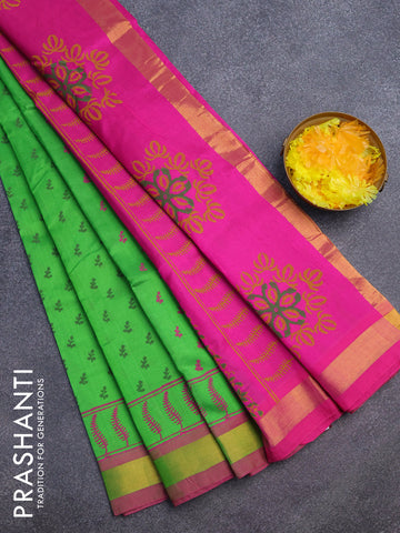 Silk cotton block printed saree light green and pink with butta prints and zari woven border