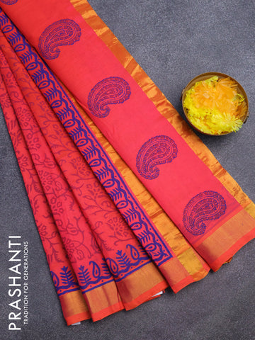 Silk cotton block printed saree dual shade of pinkish orange with allover prints and zari woven border