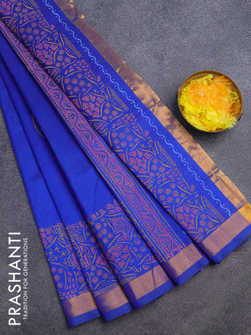 Silk cotton block printed saree blue with butta prints and zari woven border