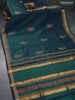 Silk cotton block printed saree dark peacock green with paisley butta prints and zari woven border