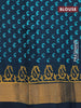 Silk cotton block printed saree dark peacock green with paisley butta prints and zari woven border