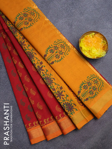 Silk cotton block printed saree maroon and mustard yellow with butta prints and zari woven border