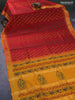 Silk cotton block printed saree maroon and mustard yellow with butta prints and zari woven border