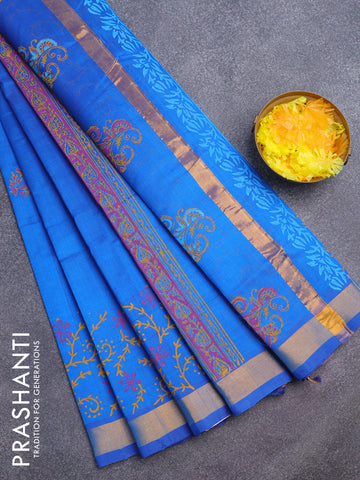 Silk cotton block printed saree cs blue with floral butta prints and zari woven border