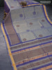 Silk cotton block printed saree grey and blue with allover prints and zari woven border