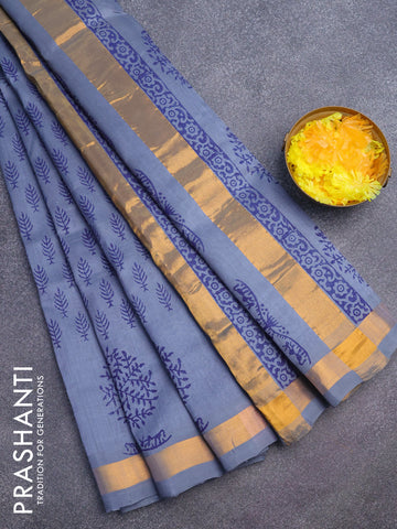 Silk cotton block printed saree grey with allover butta prints and zari woven border