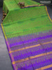 Silk cotton block printed saree light green and violet with allover butta prints and zari woven border