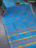 Silk cotton block printed saree dual shade of teal blue with allover prints and zari woven border