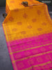 Silk cotton block printed saree mango yellow and pink with allover prints and zari woven border