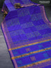 Silk cotton block printed saree blue with allover prints and zari woven border