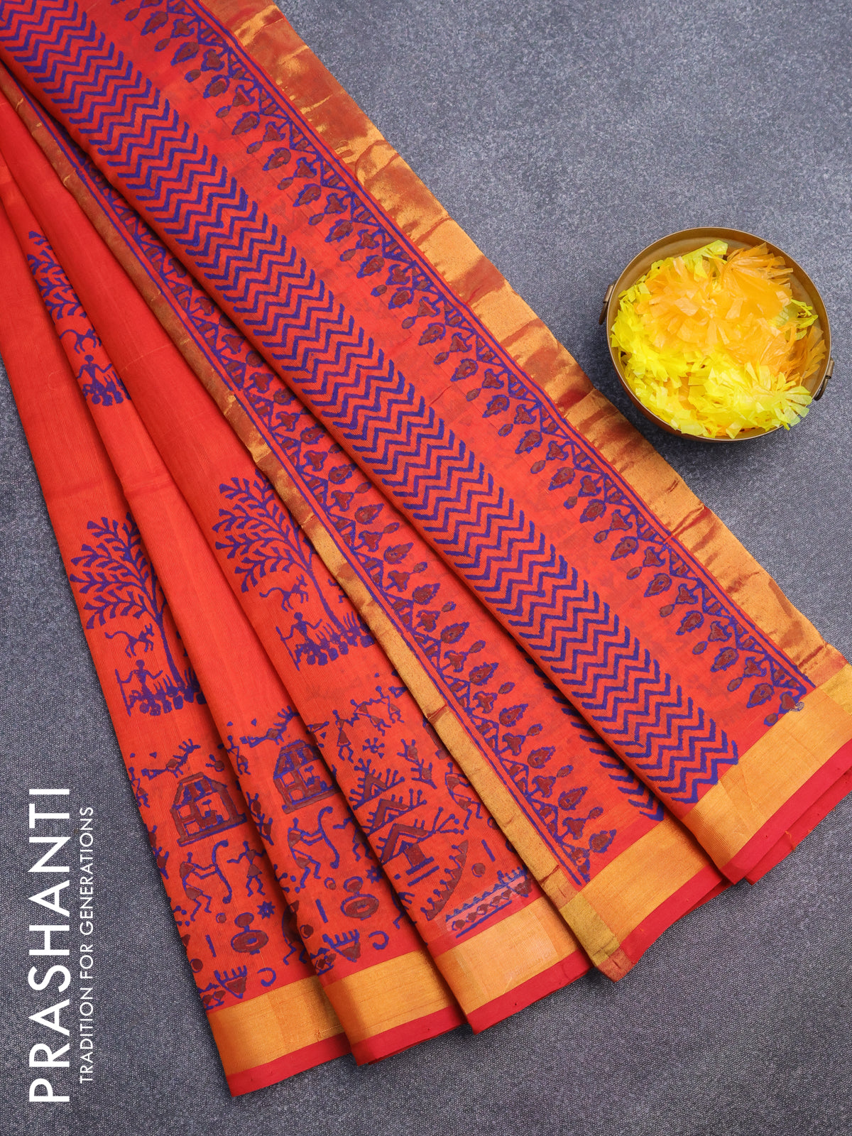 Silk cotton block printed saree dual shade of orange with allover warli prints and zari woven border