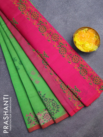 Silk cotton block printed saree light green and pink with butta prints and printed border