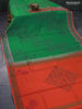 Silk cotton block printed saree teal green and orange with allover prints and printed border